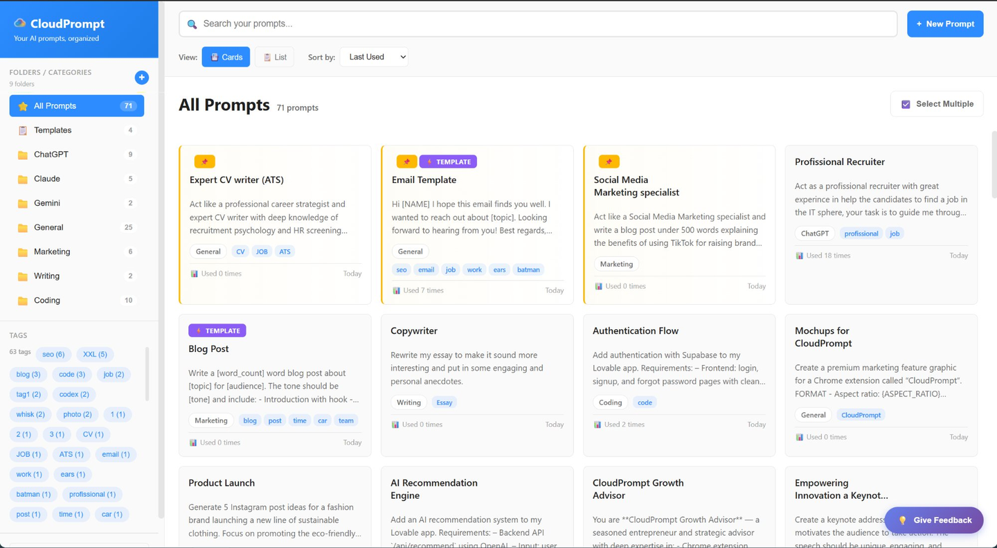 CloudPrompt Library — organize all your AI prompts with folders, tags, and search