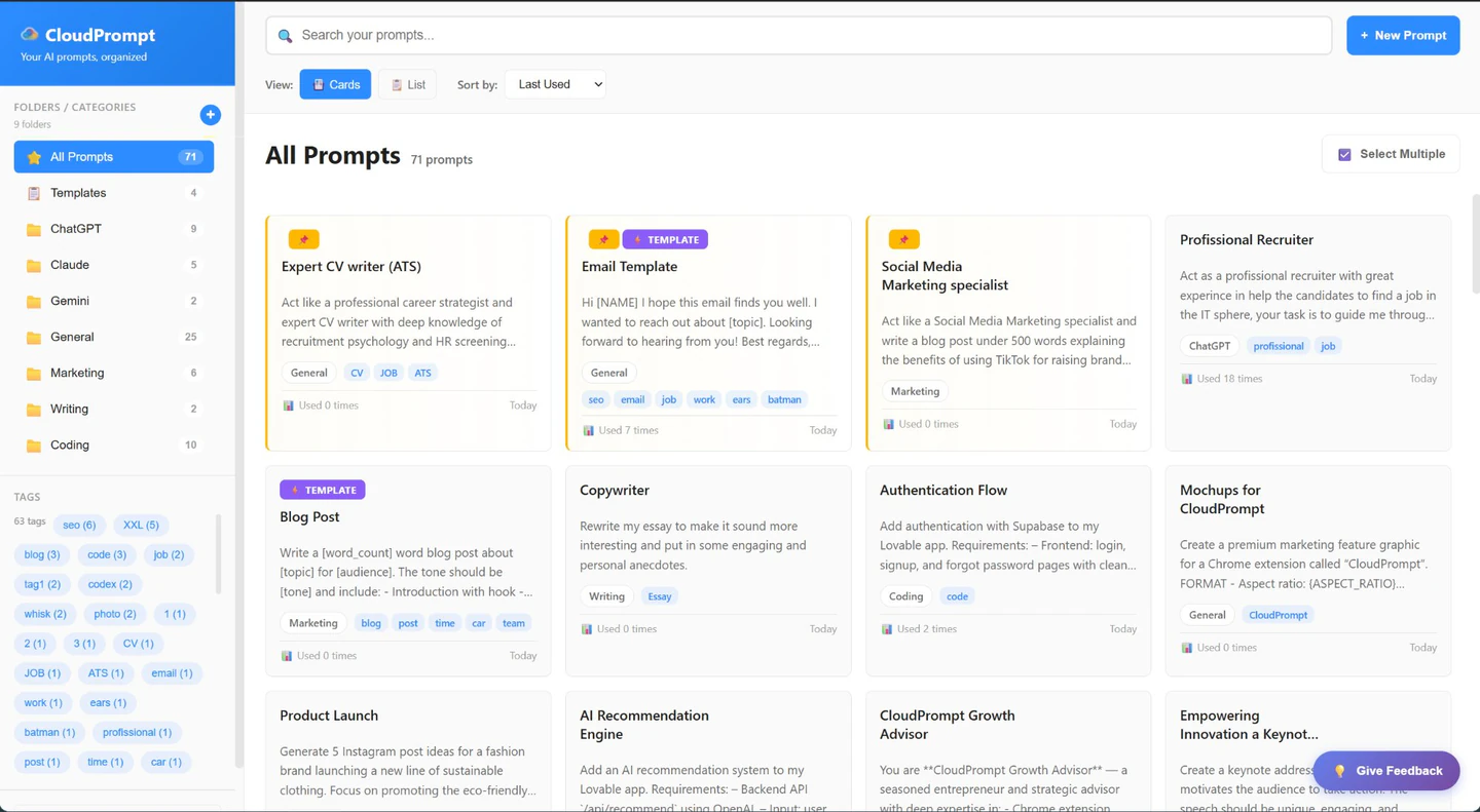 CloudPrompt Library — organize all your AI prompts with folders, tags, and search